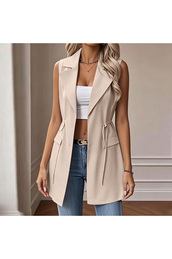 Women Blazer Vests Long Drawstring Waist Open Front Outerwear Gilet, Notch Lapel Business Casual Waistcoat with Pockets Beige Womens Raincoat with Hood 3XL
