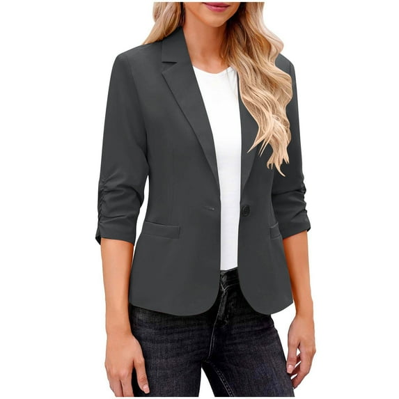 Women Blazers Suit Jackets Dressy 3/4 Sleeve Blazer Ruched Sleeve Lightweight Work Office Blazer Jacket Business Casual Outfits