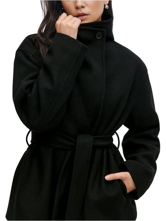 Women Blend Coat Fall Winter Oversized Lapel Shawl Collar Midi Trench Overcoat with Belt Black L