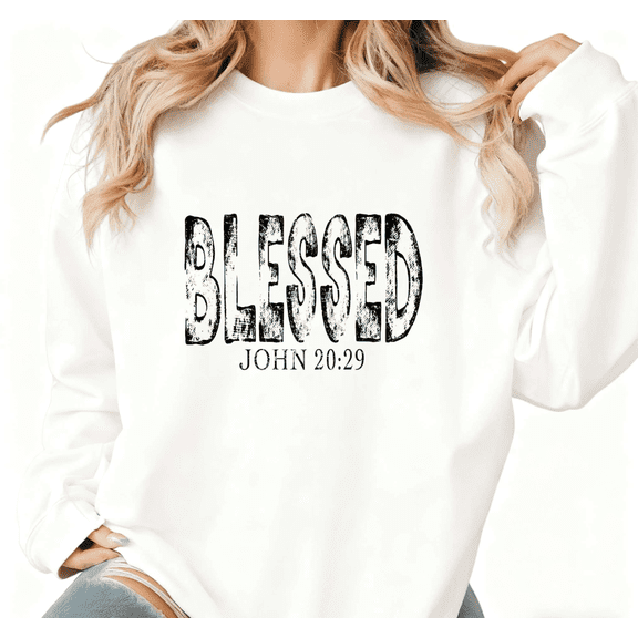Women Blessed Graphic Tee Christian Religious T Shirt Top Inspirational John 20 29 Relaxed Fit Round-neck long-sleeved white S-3XL