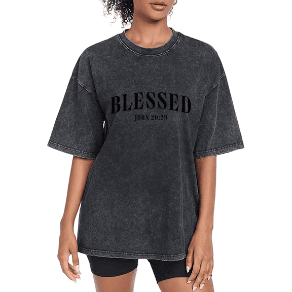 Women Blessed John 20:29 Graphic Tee T-Shirt Cotton Round-neck Printed Washed T-Shirt Black S-2XL Plus Size