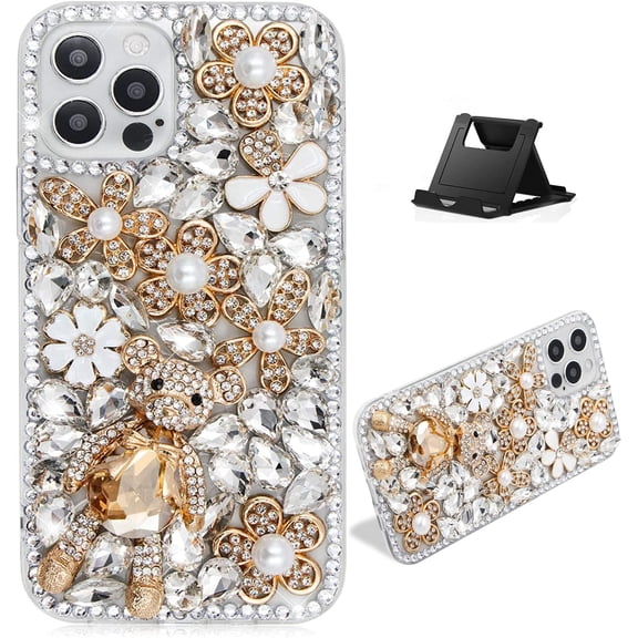 Women Bling Case Compatiable with iPhone 15 Plus 6.7", Sparkly Crystal Diamond Rhinestone Cute 3D Bear Handmade Pearl Flower Clear Cover with Soft Bumper Heavy Duty Protective Shell