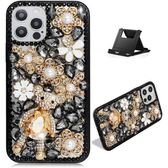 Women Bling Case Compatiable with iPhone 15 Pro 6.1", Sparkly Crystal Diamond Rhinestone Cute 3D Bear Handmade Pearl Flower Black Cover with Soft Bumper Heavy Duty Protective Shell