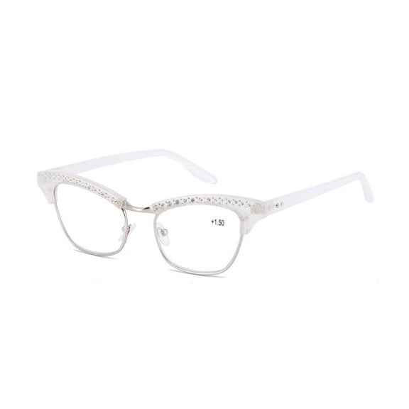 Women Bling Diamond Reading Glasses, Cat Eye Presbyopic Glasses, Ladies White Metal Readers +2.00