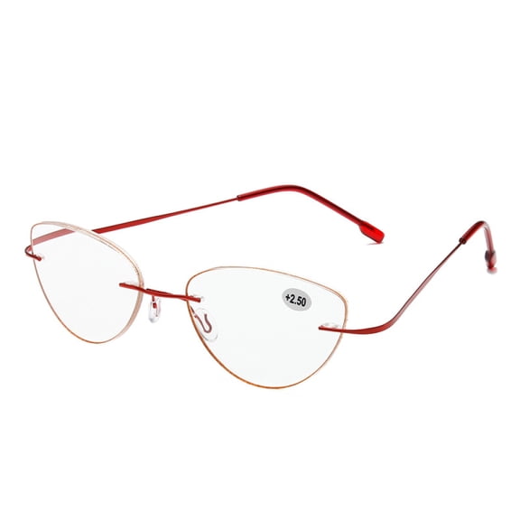Women Bling Glitter Around Rimless Flexible Cat Eye Reading Glasses 2.50 Ladies Anti-blue Light Red Titanium Alloy Readers 2.50 Strength
