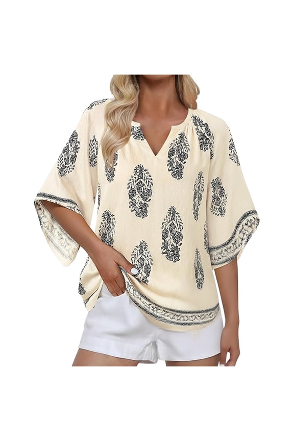 Women Blouse, 2026 New 3/4 Sleeve V Neck Bohemian Casual Loose Top with Paisley Print, Made of Breathable and Lightweight Fabric, Perfect for Boho and Casual Style.
