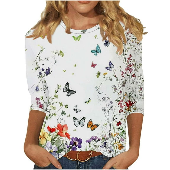 Women Blouse 3/4 Sleeve Petite, Floral Print Blouses for Women Yoga Tops Women Oversized Cute Summer Tops for Women Trendy Tee Shirts Womens Graphic my orders