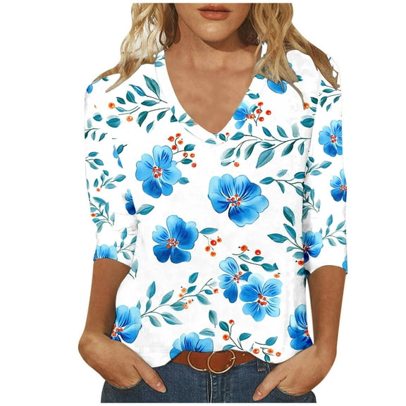Women Blouse 3/4 Sleeve Petite, T-Shirts Loose V Neck Womens Workout Tops Womens Summer Tops Dressy Casual 2026 Women Outfits Sets Tummy Control