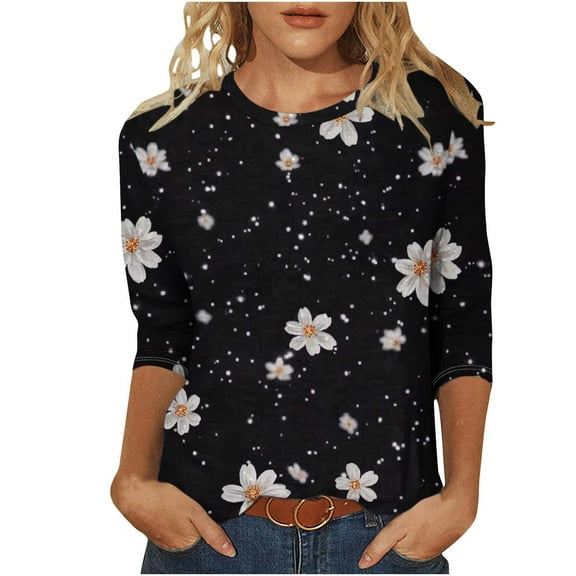 Women Blouse 3/4 Sleeve Petite, Womens Plus Size T Shirts Loose Golf Shirts for Women Dry Fit Black Summer Tops for Teens Workout Tank Tops for Women Cropped