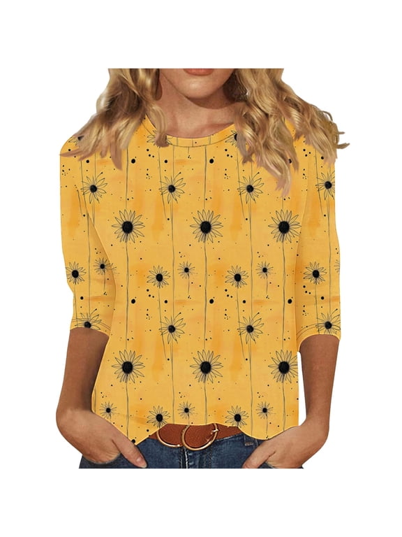 Womens Casual 3/4 Length Sleeve Crewneck Top Trendy Loose Printed Graphic Tees Cute Blouses 2026 Fashion Must Haves