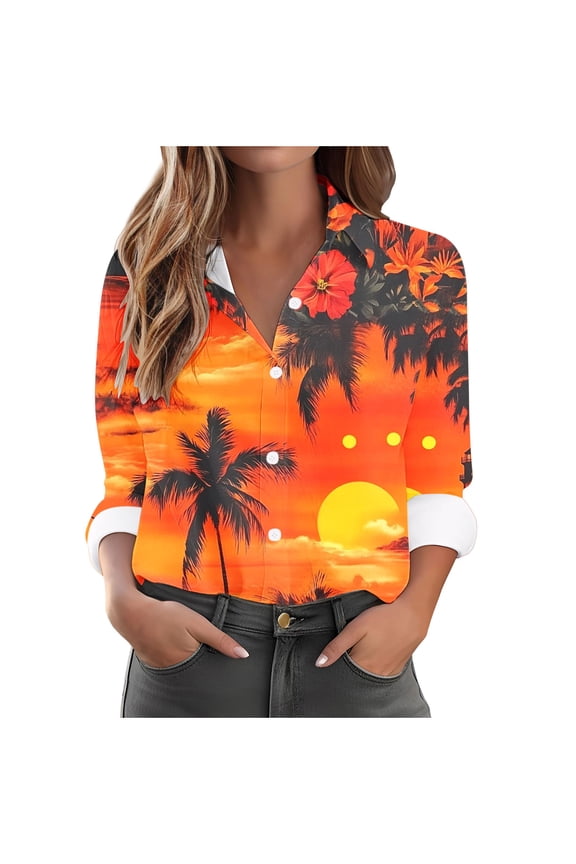 Women Blouse 3/4 Sleeve Petite, Womens T Shirts Loose Workout Hawaiian Shirts Blue Womens Tops Dressy Casual Fashion Spring Summer Shirts for Island Vacation