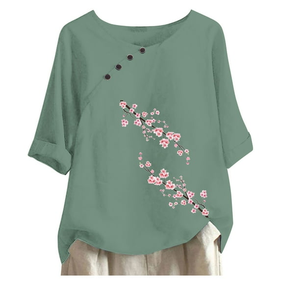 Women Blouse Casual Button Cute Floral Printed O-Neck Short Sleeve Leisure Shirt Blouses Tops Party Ladies Streetwear Dailywear