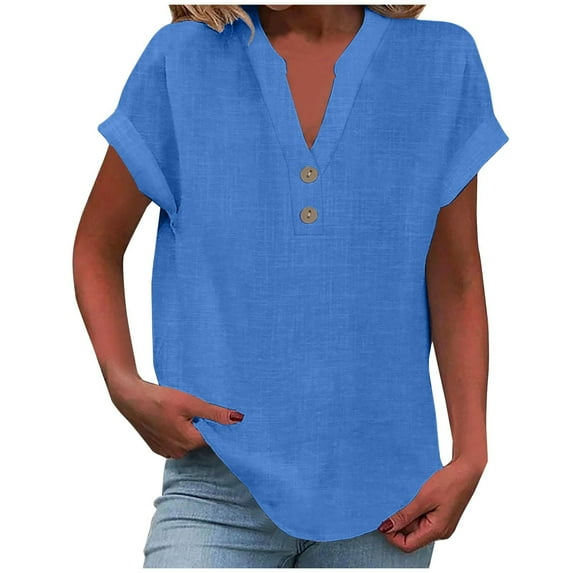 Women Blouse Henley Neck Linen Shirt Short Sleeve V Neck Beach Tops Summer Lightweight Comfy Casual Loose Quick Dry Breathable Dress Shirt, Blue (X-Large)
