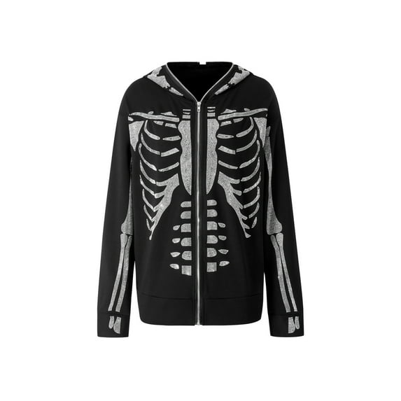 Women Blouse Rhinestones Skeleton Print Long Sleeve Hooded Tops with Zipper for Spring Autumn S/M/L/XL
