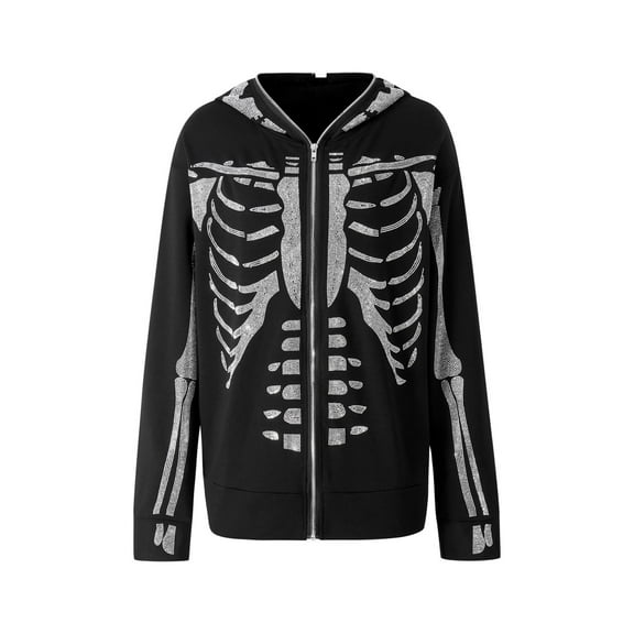 Women Blouse Rhinestones Skeleton Print Long Sleeve Hooded Tops with Zipper for Spring Autumn S/M/L/XL
