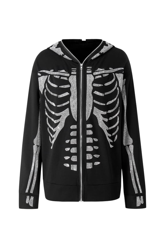 Women Blouse Rhinestones Skeleton Print Long Sleeve Hooded Tops with Zipper for Spring Autumn S/M/L/XL