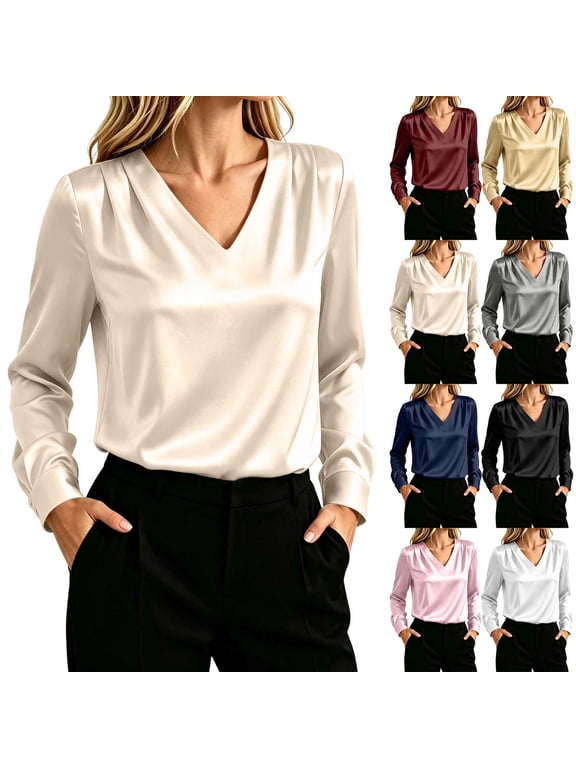 Women Blouse Sevevn V Neck Regular Fit Elegant Smooth Satin Fabric Pleated Shoulder Long Sleeve Work Top For Office Business Casual Occasions