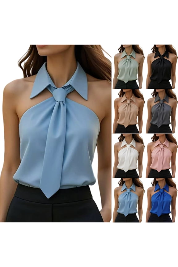 Women Blouse Tie-Neck Halter Sleeveless Shirt Bow Tie Bodycon Top Off Shoulder Casual Pullover White L
