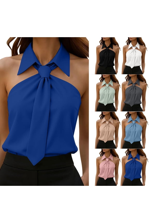 Women Blouse Tie-Neck Halter Sleeveless Shirt Lattering Fit Top Off Shoulder Casual Pullover by Yigetop White S