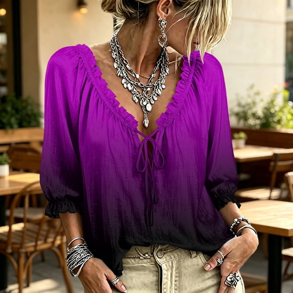 Women Blouse Tops V Neck 3/4 Sleeve Lightweight Shirts 3/4 Sleeve V Neck Peasant Top Abstract Geometric Print Flowy Summer Ruffe Shirt