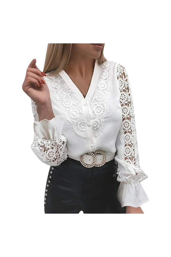 Women Blouse White Elegant Lace Out Shirts 2022 Spring Long Sleeve Shirts Y2K Buttons Mesh Top Vintage Ladies Clothes