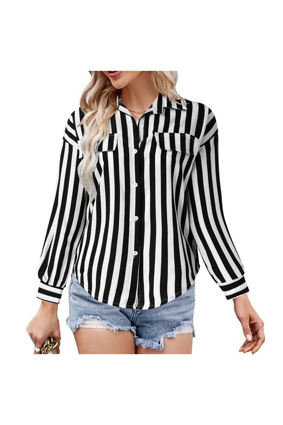 Women Blouse Women Casual Lapel Button Stripe Print Sun Long Sleeve Shirt Top