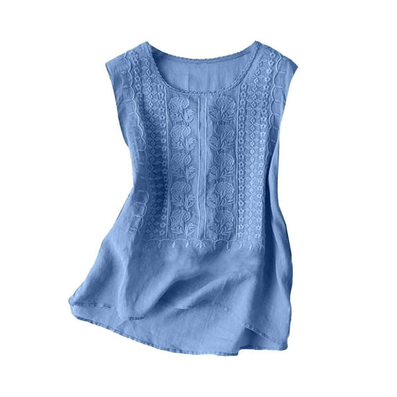 Women Blouse, Womens Linen Summer Tops Boho Wide Strap Tank Tops Sleeveless Mexican Embroidered Flowy Blouses Bohemian Causal Shirt