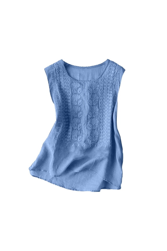 Women Blouse, Womens Linen Summer Tops Boho Wide Strap Tank Tops Sleeveless Mexican Embroidered Flowy Blouses Bohemian Causal Shirt