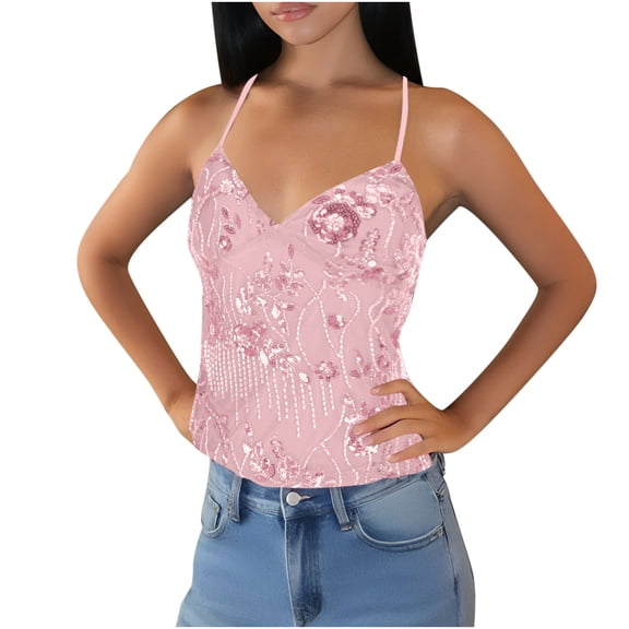 Women Blouse, Womens Y2K Floral Embroidered Tulle Tank Top Backless Glitter Cami Crop Tops Sleeveless Rhinestone Camisole
