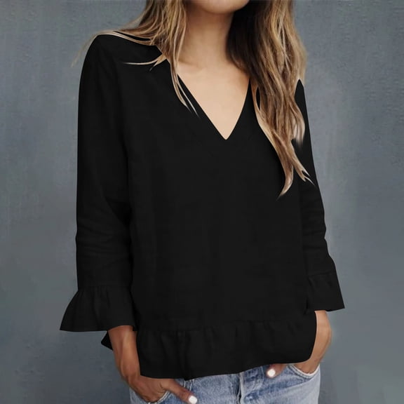 Women Blouses 3/4 Length Sleeve V-Neck Summer Casual Tunic Tops Ladies Elegant Business Shirts 2025 Black XXL