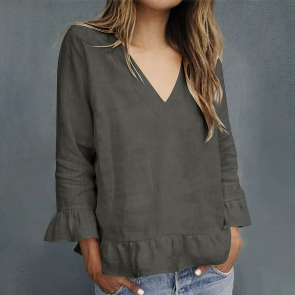 Women Blouses 3/4 Length Sleeve V-Neck Summer Casual Tunic Tops Ladies Elegant Business Shirts 2025 Dark Gray XL