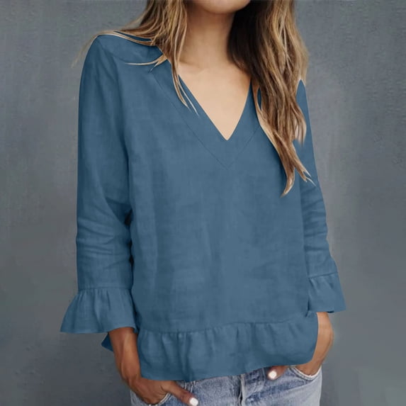 Women Blouses 3/4 Length Sleeve V-Neck Summer Casual Tunic Tops Ladies Elegant Business Shirts 2025 Navy S