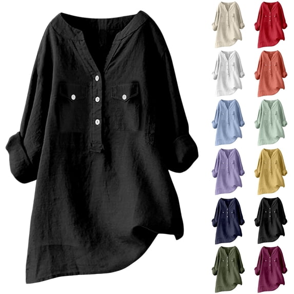 Women Blouses Business Casual Long Sleeve Shirts Solid Color V-Neck Button Down Work Tops