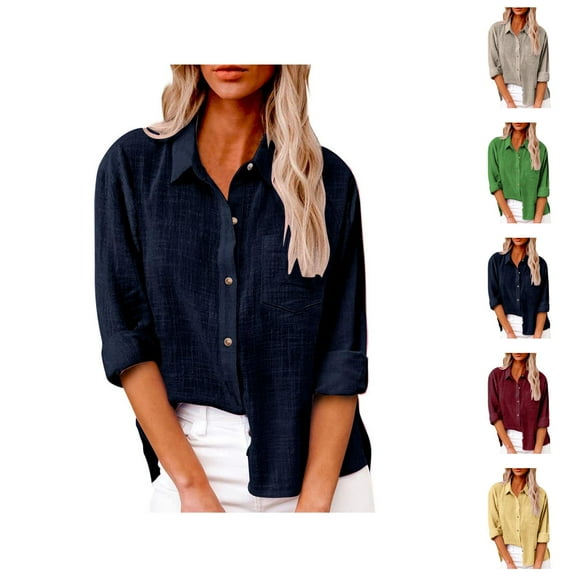 Women Blouses – Button Down Shirts Long Sleeve Cotton Blouses for Work Business Casual Tops Plus Size Friendly Ladies Casual Spring Summer Lapel Tie Pocket Long Sleeve Shirt