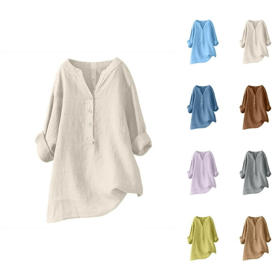 Women Blouses – Button Down Shirts Long Sleeve Cotton Blouses for Work Business Casual Tops Plus Size Friendly Loose Button Down Blouse Tops Stand Solid Sleeve Long Casual Women Shirt Women's Blouse