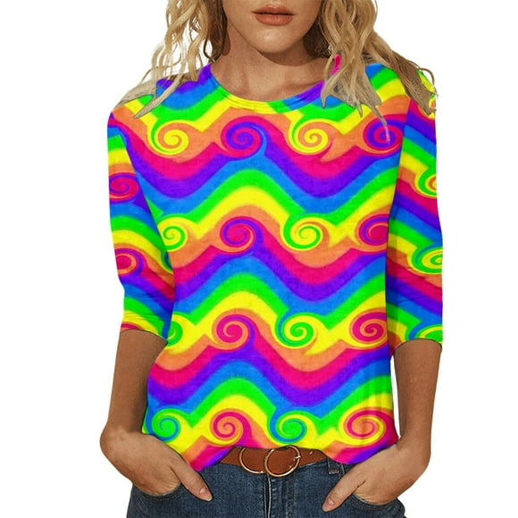 Women Blouses Casual Tops 3/4 Sleeve Round Neck Colorful Rainbow Printed Clothing Fit Tees
