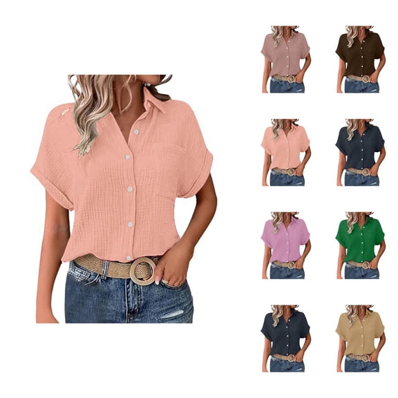 Women Blouses – Collared Short Sleeve Button Down Office Tops Elegant Summer Blouses for Women Workwear Ladies' Fashionable And Casual Solid Color Batsleeved Button Short Sleeved Shirt