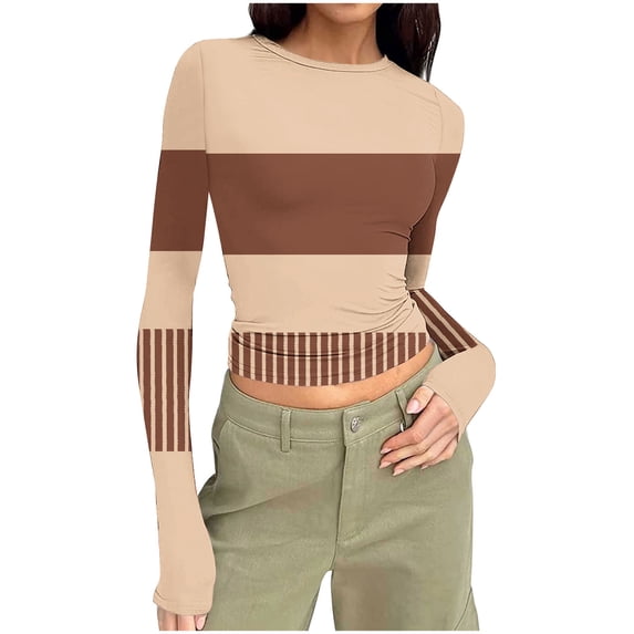 Women Blouses Crew Neck Solid Colors,Block Colors,Check Patterns,Stripes,Prints Long Sleeve Blouse Fashion Round Neck Casual Block Color T Shirts Pullover Daily Home Clothing Vacation,Shirt for Women