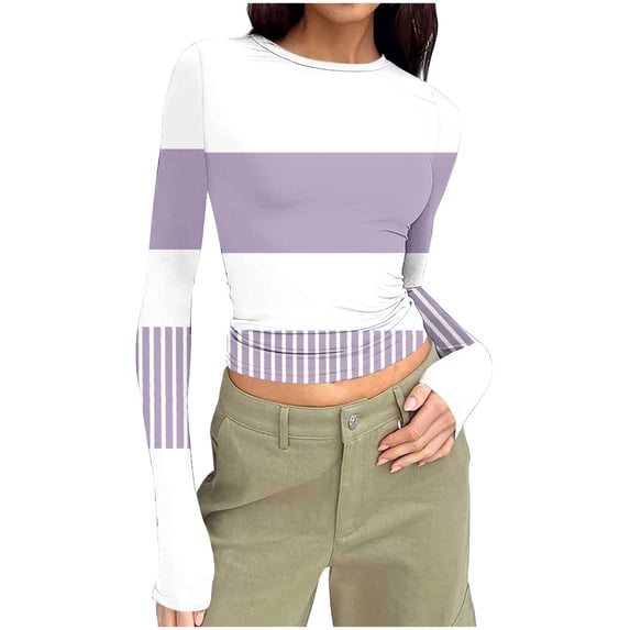 Women Blouses Crew Neck Solid Colors,Block Colors,Check Patterns,Stripes,Prints Long Sleeve Blouse Fashion Round Neck Casual Block Color T Shirts Pullover Daily Home Clothing Vacation,Shirt for Women