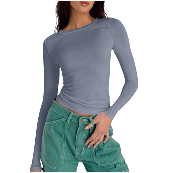 Women Blouses Crew Neck Solid Colors,Block Colors,Check Patterns,Stripes,Prints Long Sleeve Blouse Fashion Round Neck Casual Solid Color T Shirts Pullover Daily Home Clothing Vacation,Shirt for Women