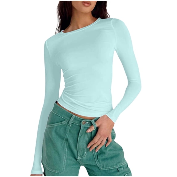 Women Blouses Crew Neck Solid Colors,Block Colors,Check Patterns,Stripes,Prints Long Sleeve Blouse Fashion Round Neck Casual Solid Color T Shirts Pullover Daily Home Clothing Vacation,Shirt for Women