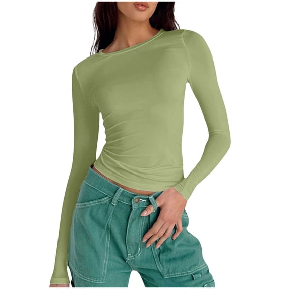 Women Blouses Crew Neck Solid Colors,Block Colors,Check Patterns,Stripes,Prints Long Sleeve Blouse Fashion Round Neck Casual Solid Color T Shirts Pullover Daily Home Clothing Vacation,Shirt for Women