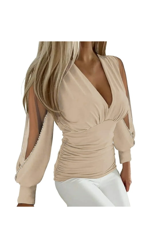 Women Blouses Dress Tops Women Business Casual Long Sleeve Shirt Older Short Small Blouses Shirts for Crop Blouse 2pk Tee Shirt under Scrub Long Sleeve Womens Loose Fitting Shirts Girl Khaki M