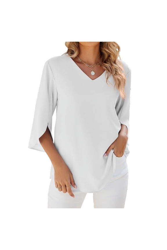 Women Blouses Dressy Casual 1/2 Sleeve Tops Business Work Chiffon Office V Neck Shirts White L