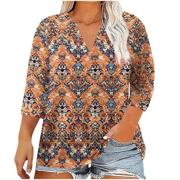 Women Blouses Dressy Casual 3/4 Length Sleeve Plus Size Tops Casual Printed V-Neck Blouse Fashionable And Comfortable Top (Size:L-5XL)