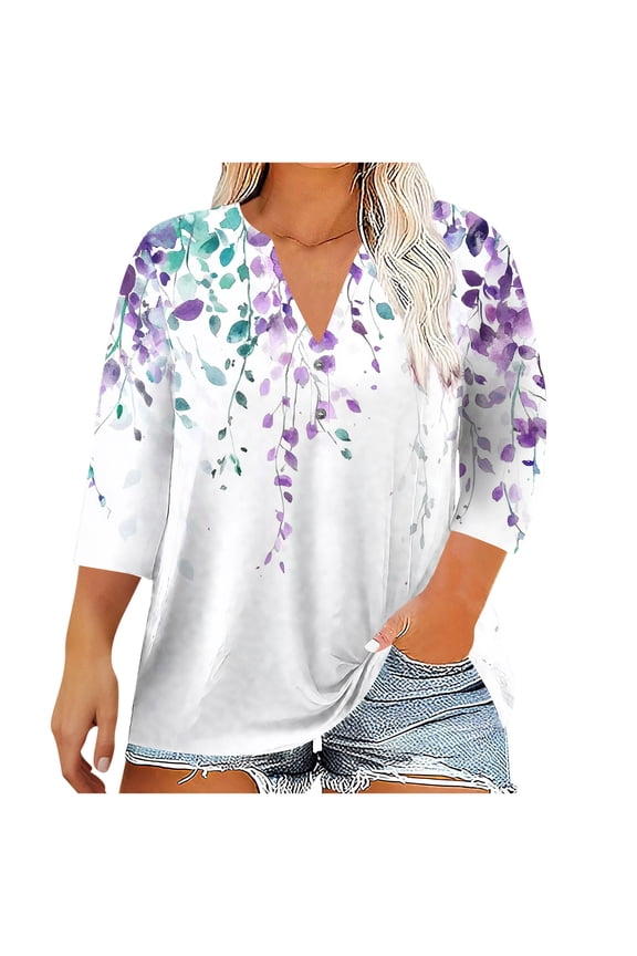 Women Blouses Dressy Casual 3/4 Length Sleeve Plus Size Tops Casual Printed V-Neck Blouse Fashionable And Comfortable Top (Size:L-5XL)