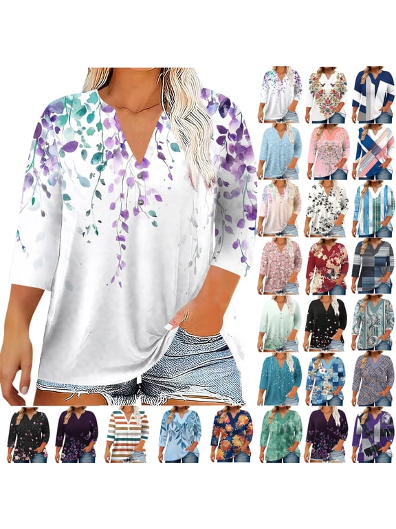 Women Blouses Dressy Casual 3/4 Length Sleeve Plus Size Tops Casual Printed V-Neck Blouse Fashionable And Comfortable Top (Size:L-5XL)