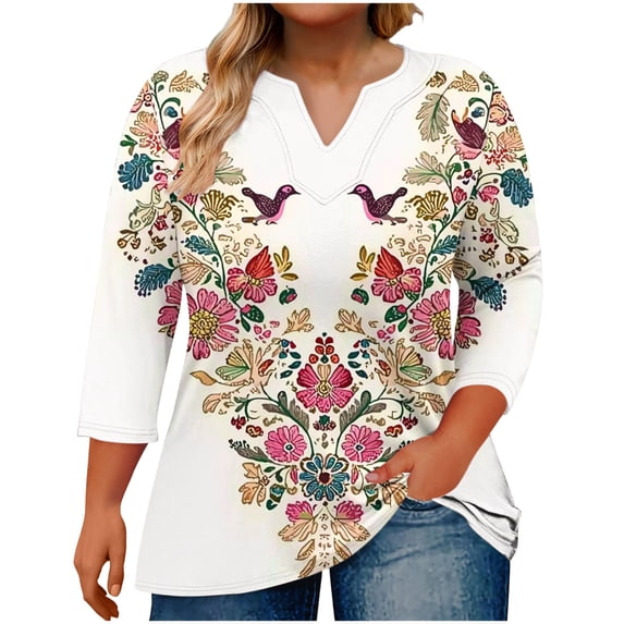 Women Blouses Dressy Casual 3/4 Length Sleeve Plus Size Tops Gradient Large V-neck Three Quarter Sleeve Solid Color (Size:L-5XL)