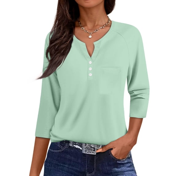 Women Blouses Dressy Casual 3/4 Sleeve Tee Tops Henley Neck Button Down Graphic Print Half Sleeve Tunic Shirts