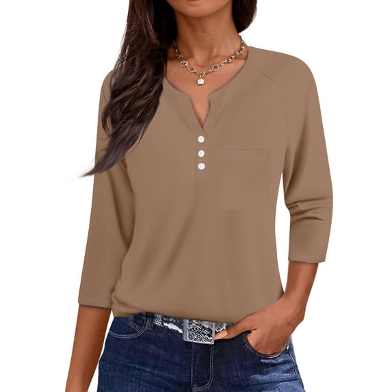 Women Blouses Dressy Casual 3/4 Sleeve Tee Tops Henley Neck Button Down Graphic Print Half Sleeve Tunic Shirts